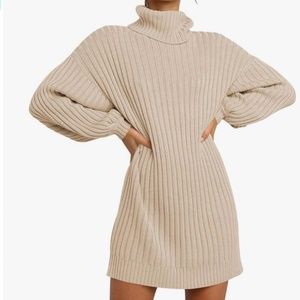 NWOT Logene Women's Sweater Dress - Ribbed - Turtleneck - Pullover Beige Size M